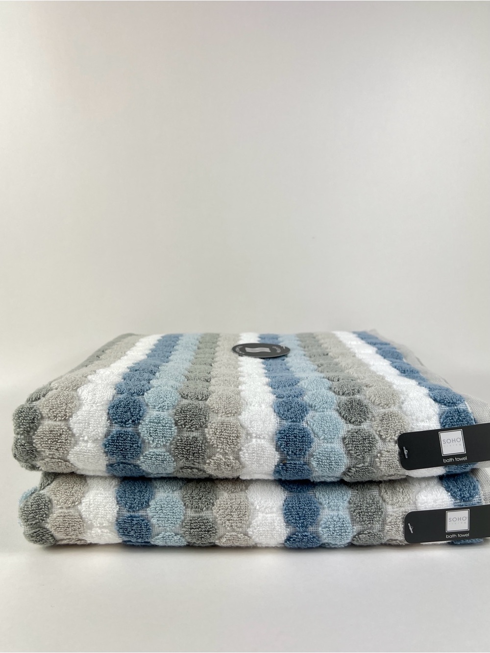 Soho Living Bath Towel Set Dots and Stripes Blue Gray White 100% Cotton 2 Pc NEW